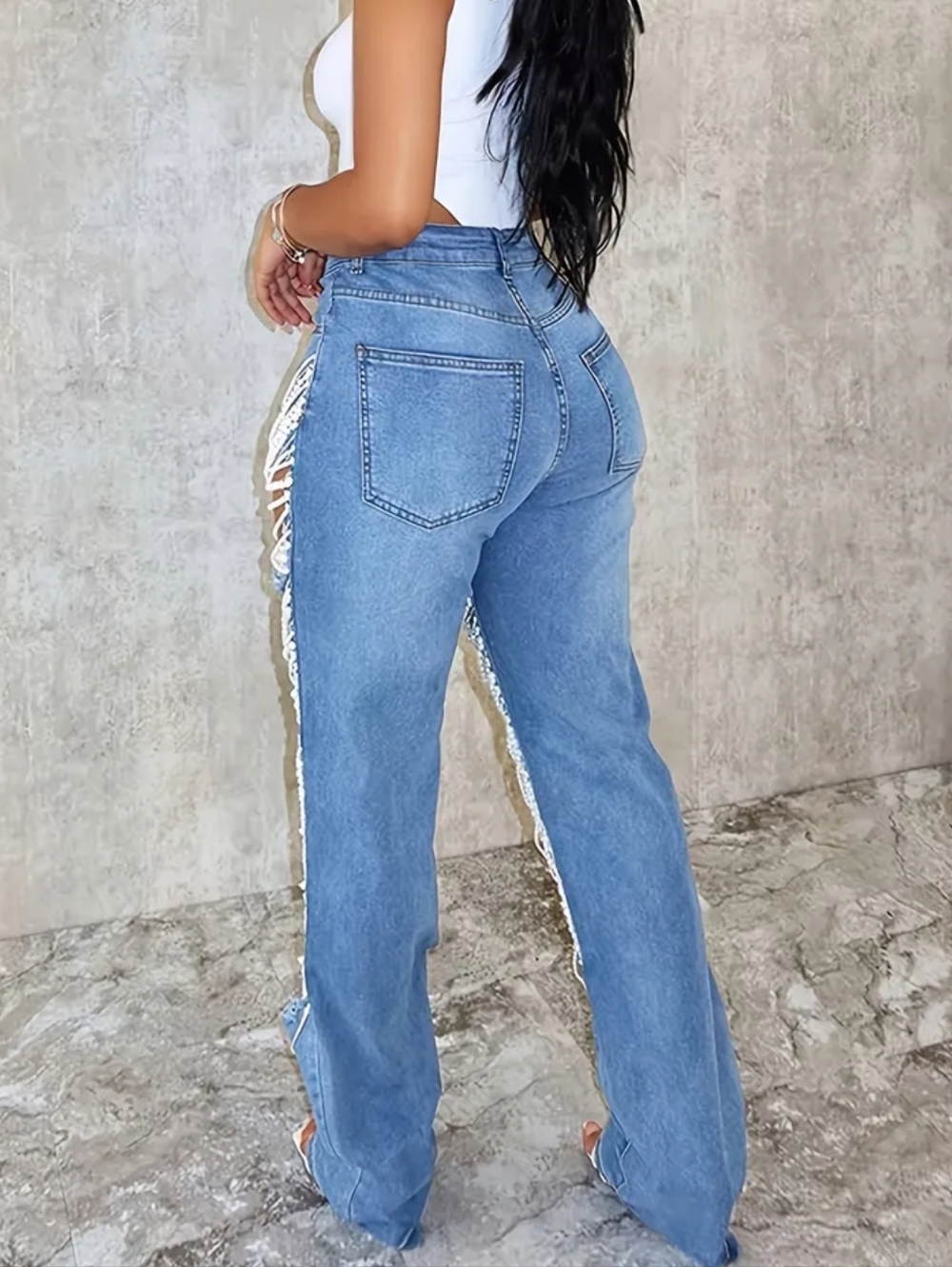 Light Blue Pearl-Embellished Distressed Women's Jeans - Picture 8 of 9